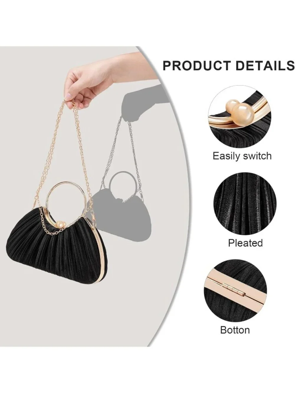 👜 Women's Black Satin Pleated Top Handle Clutch Handbag Elegant Evening Clutch